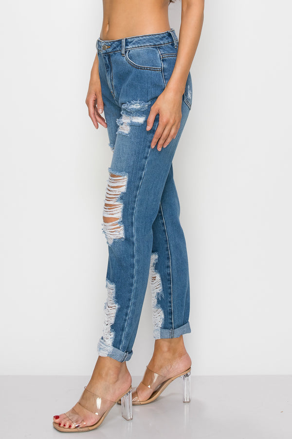 Hailey - High Rise Destructed Rolled Boyfriend Jeans