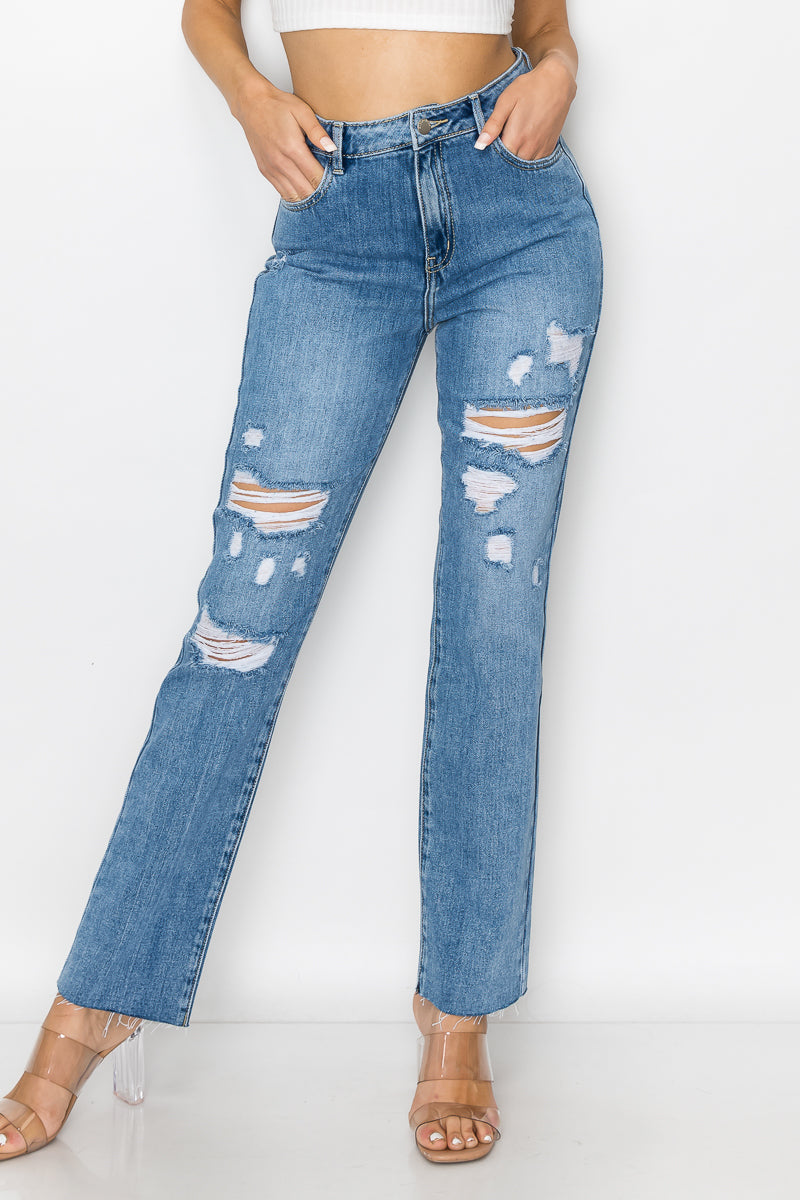 Samantha - High Rise Destructed Raw Cut Straight