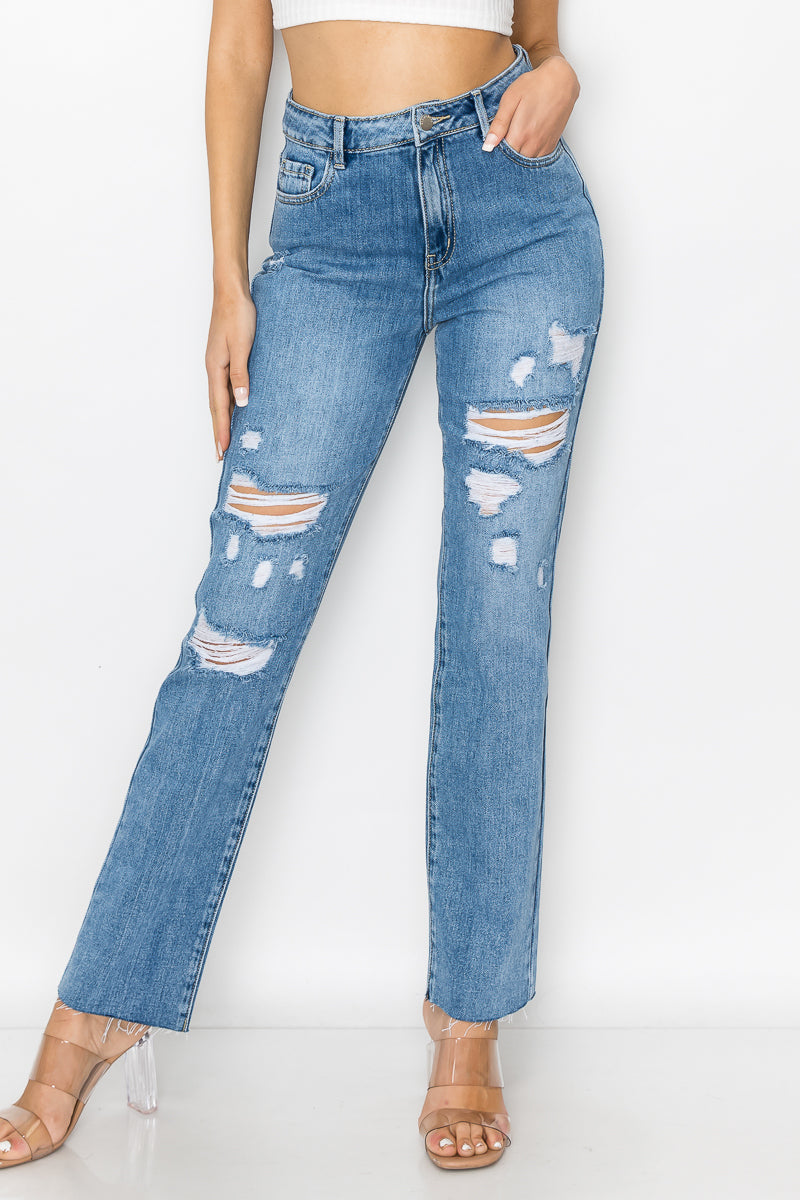 Samantha - High Rise Destructed Raw Cut Straight