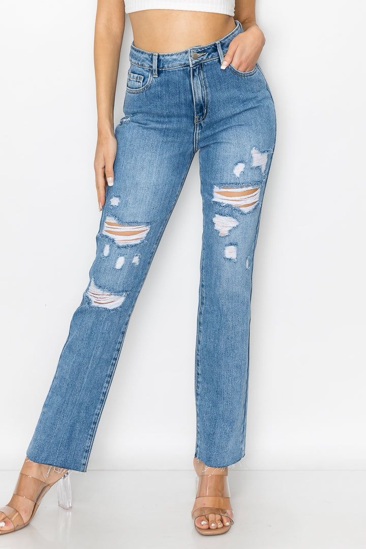 Samantha - High Rise Destructed Raw Cut Straight