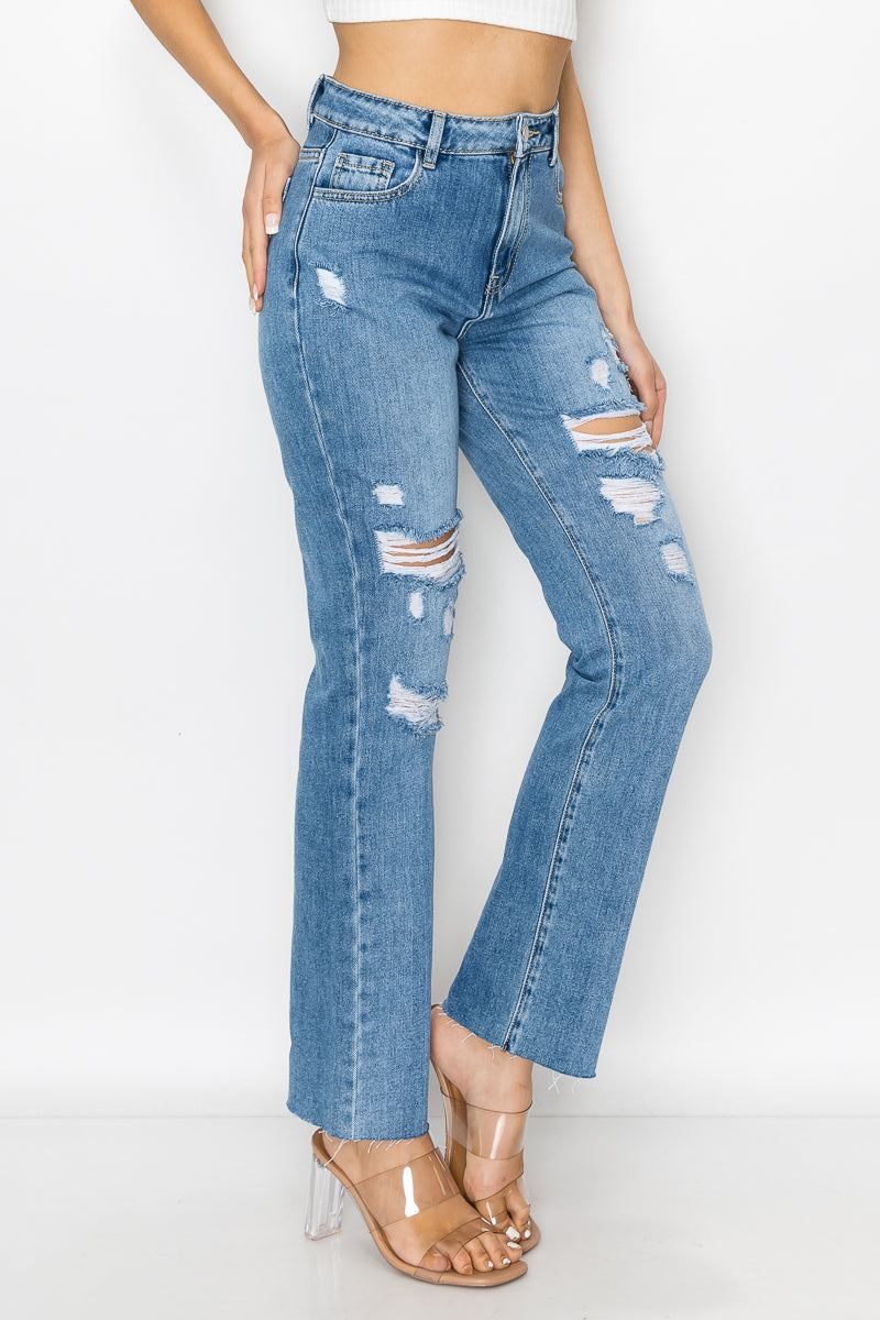 Samantha - High Rise Destructed Raw Cut Straight