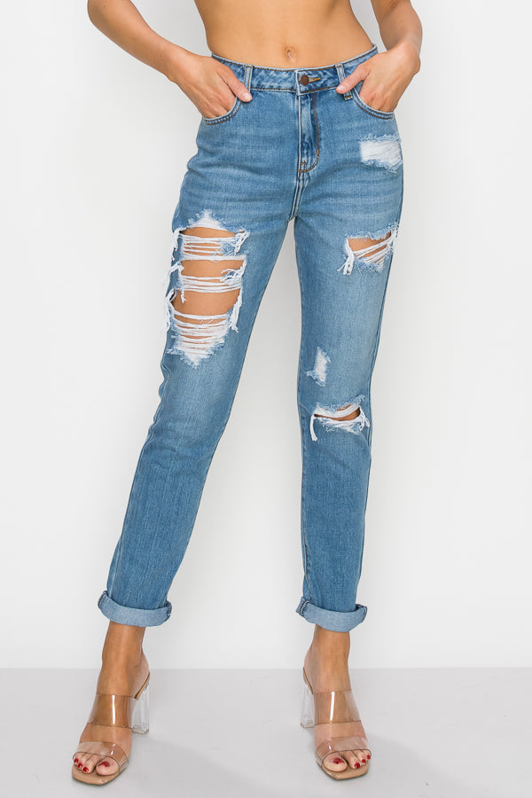 Madison - Super High Rise Destructed Mom Jeans