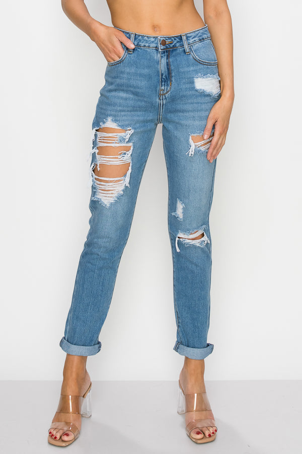 Madison - Super High Rise Destructed Mom Jeans