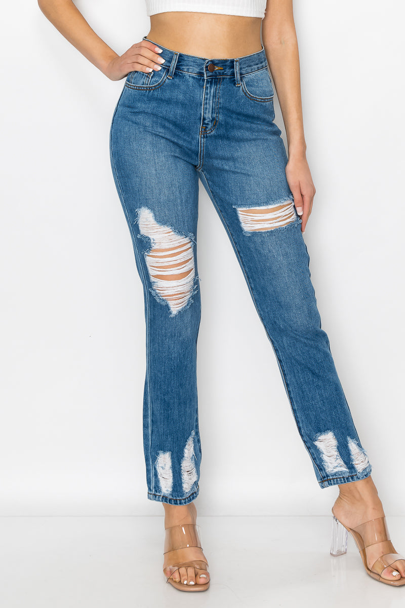 Eleanor - Calça jeans de cintura alta Destructed Hem Mom