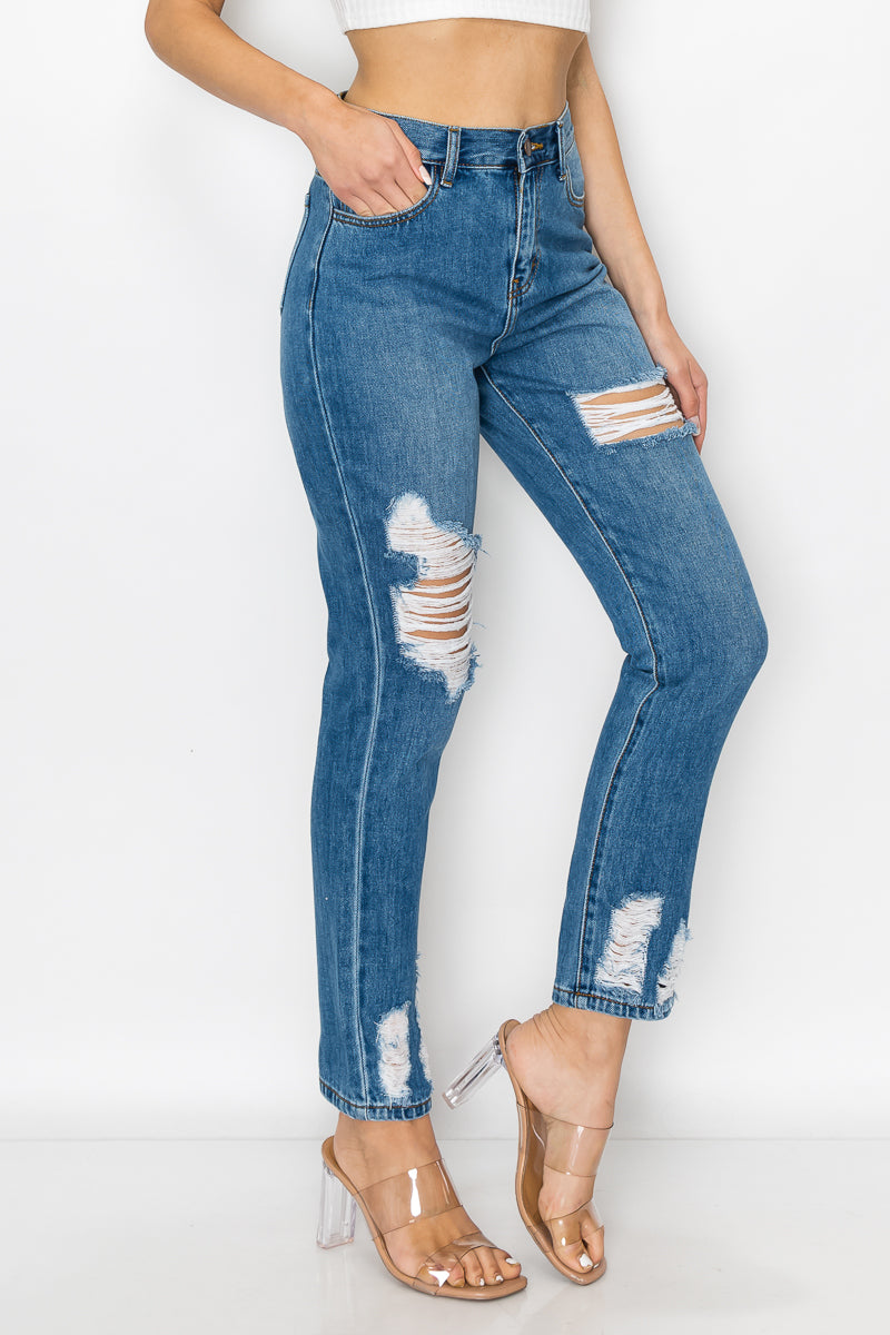 Eleanor - Calça jeans de cintura alta Destructed Hem Mom