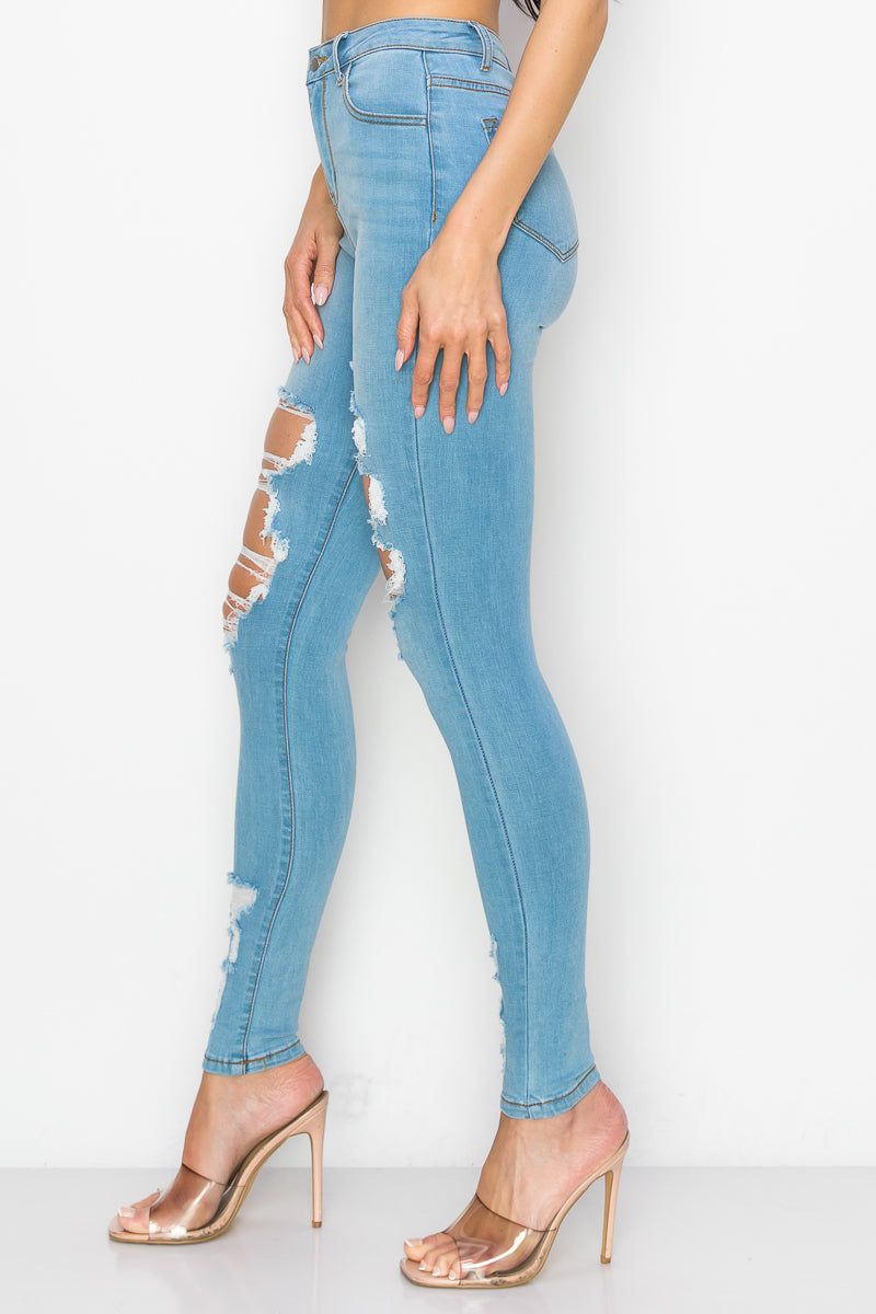 Aubrey - Pantalones pitillo elásticos suaves destruidos de tiro alto