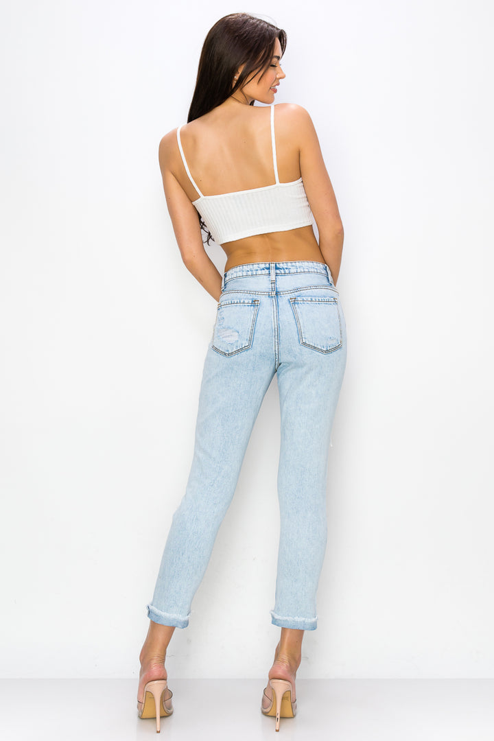 Khloe - High Rise Destructed Roll Fray Mom Jeans