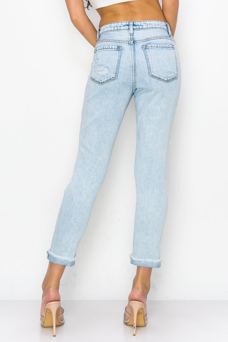 Khloe - High Rise Destructed Roll Fray Mom Jeans