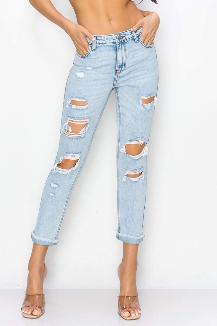 Khloe - High Rise Destructed Roll Fray Mom Jeans
