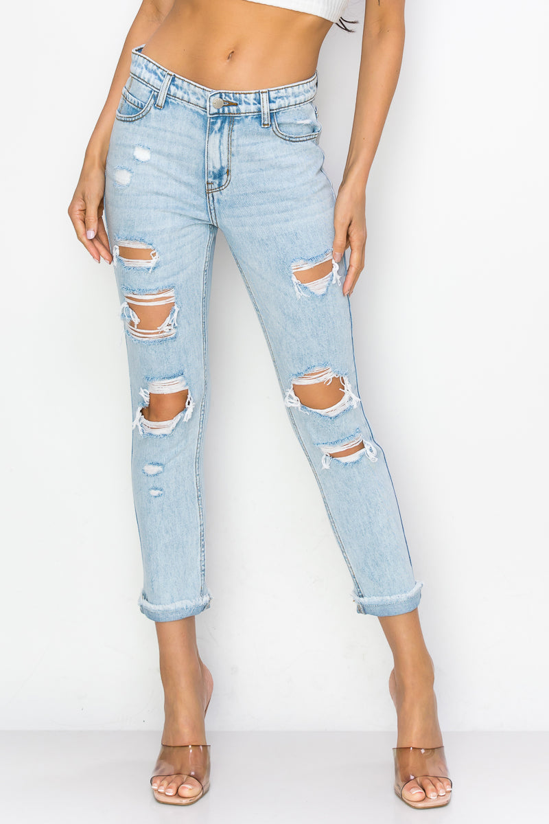 Khloe - High Rise Destructed Roll Fray Mom Jeans