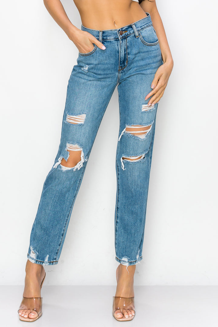Kelly - High Rise Destructed Chewed Hem Dad Jeans