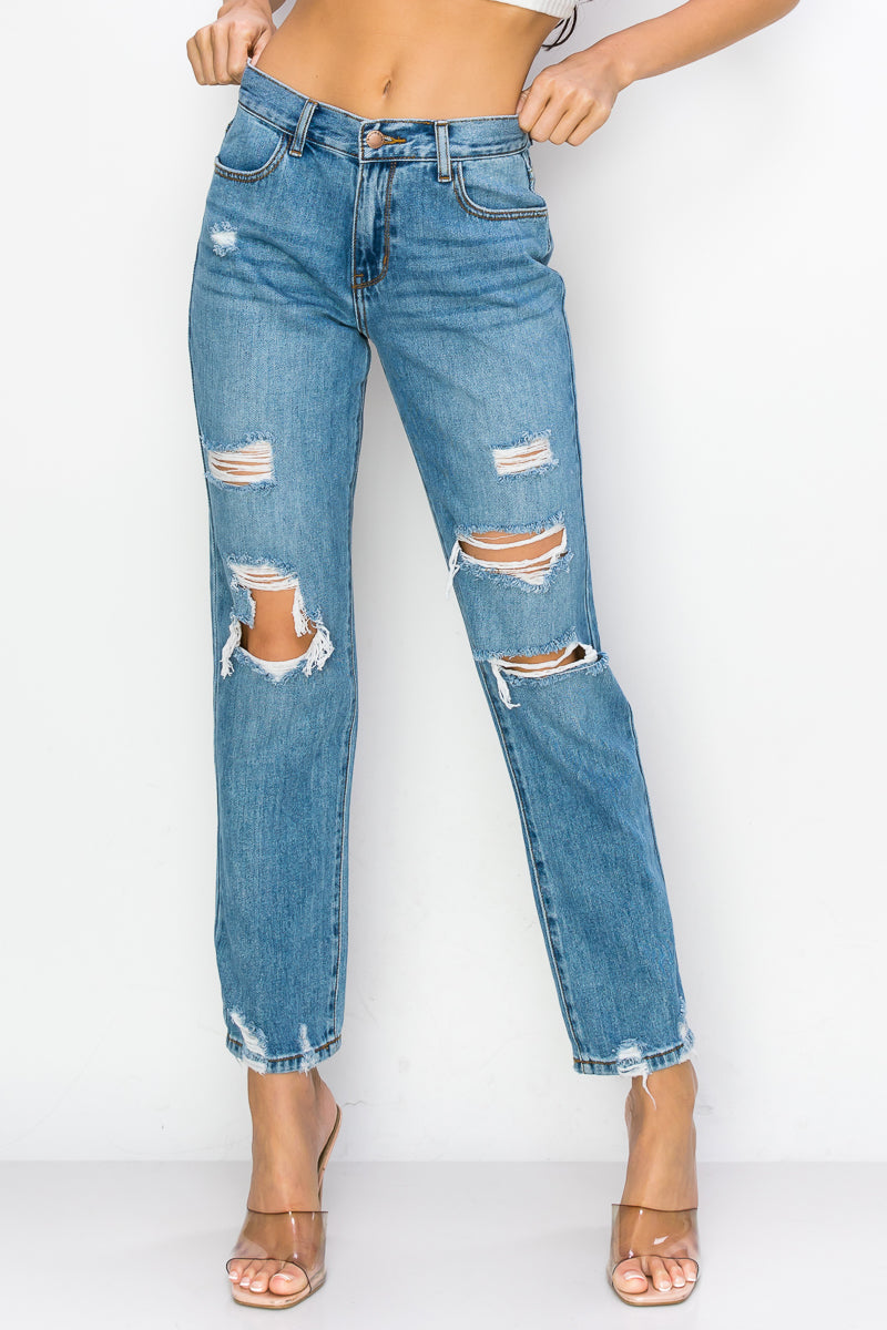 Kelly - High Rise Destructed Chewed Hem Dad Jeans