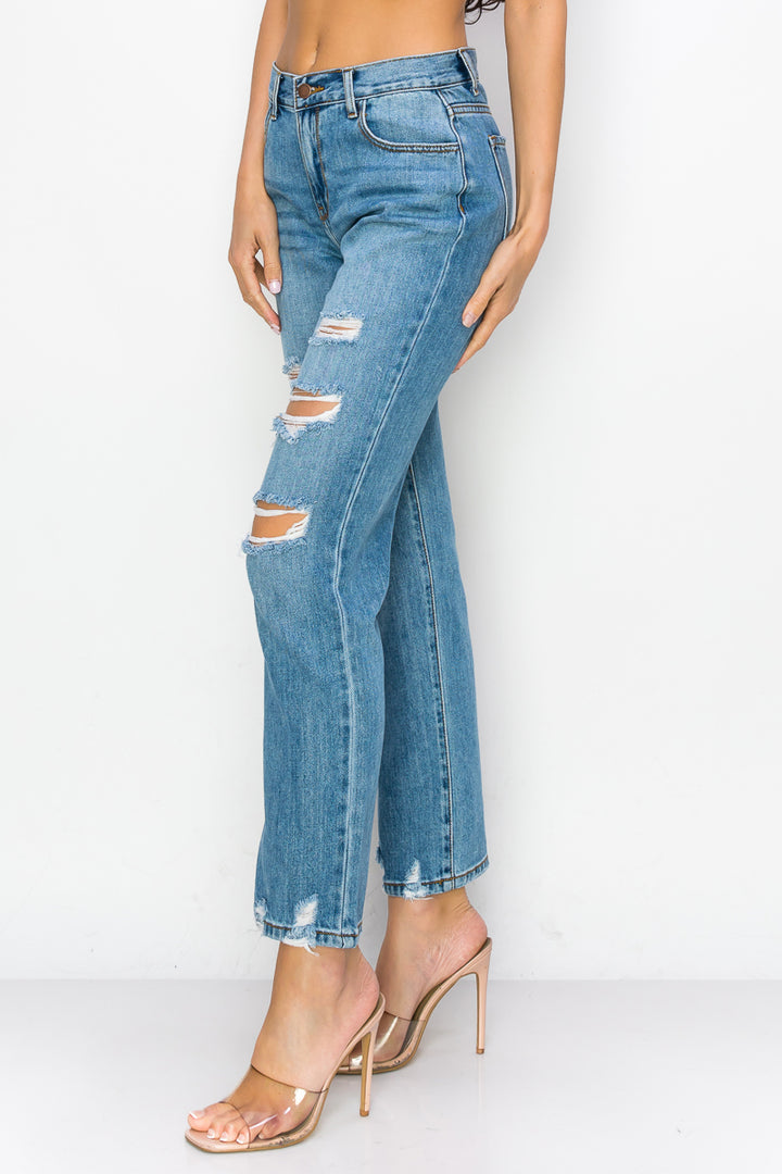 Kelly - High Rise Destructed Chewed Hem Dad Jeans