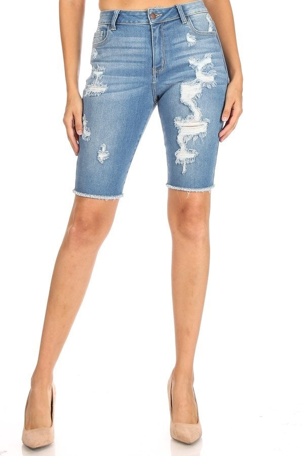 Amelia - Bermuda usé à taille haute et ourlet effiloché