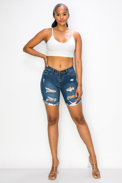 Hazel - High Rise Destructed Roll Fray Midi Shorts