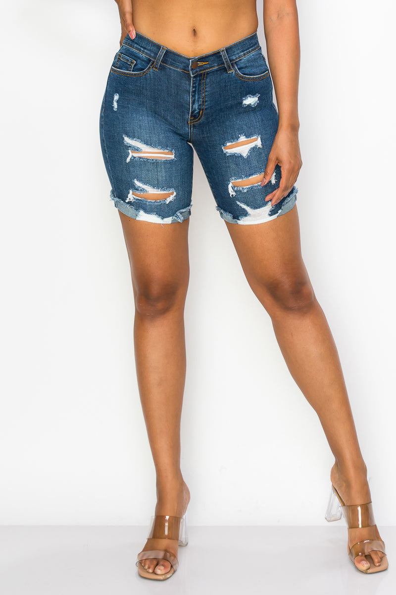 Hazel - High Rise Destructed Roll Fray Midi Shorts