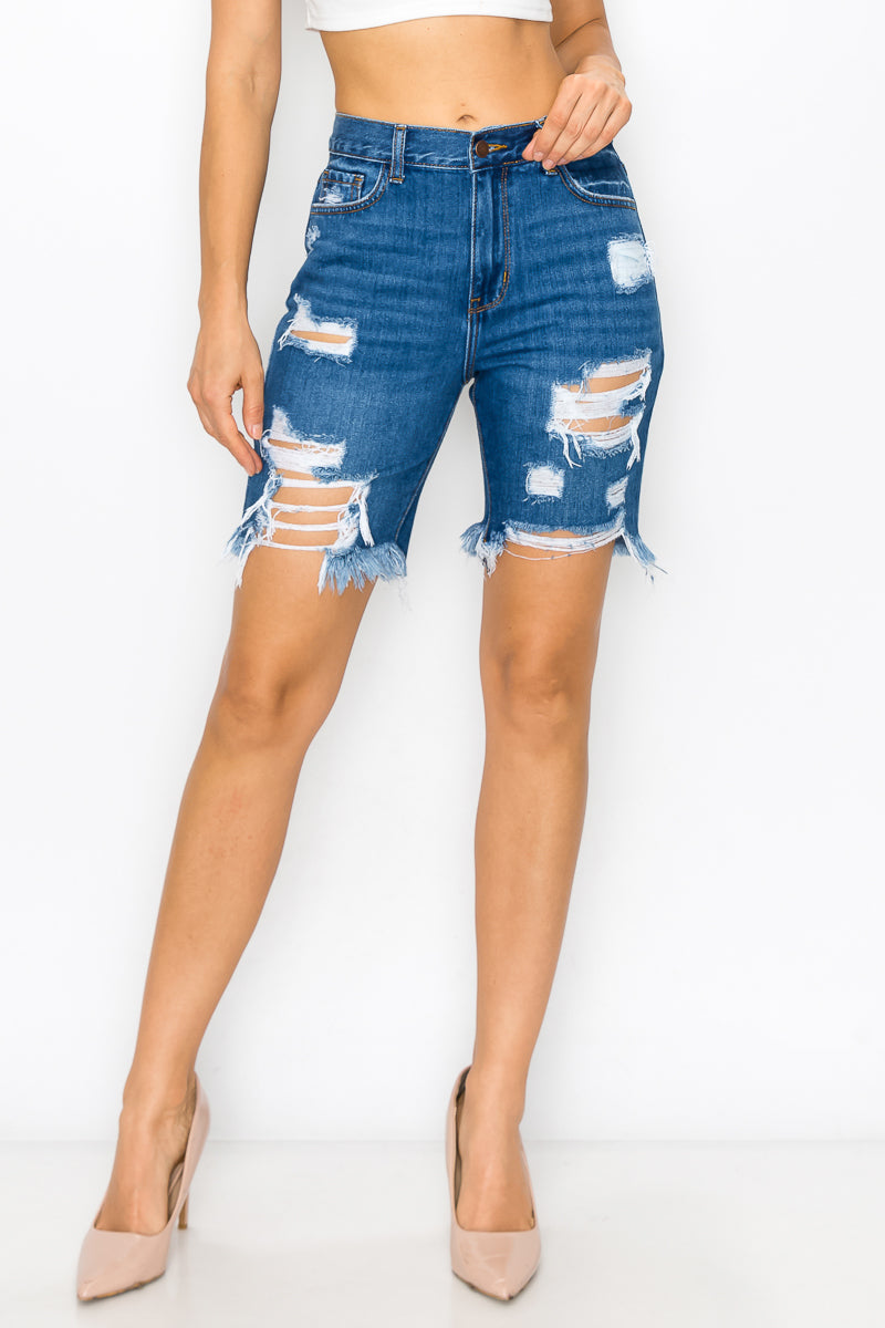 Camila - High Rise Destructed Chew Hem Relaxed Bermuda